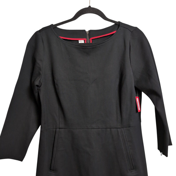 NWT Spanx Perfect Shift A-Line Dress Black Ponte Stretch 3/4 Sleeve Pockets L - Picture 2 of 12